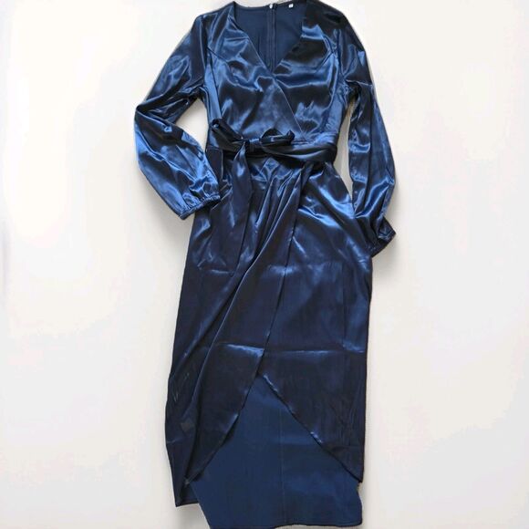 NWOT Women's L Long Formal Wrap Cinched Waist Navy Blue Event Dress - Picture 2 of 9